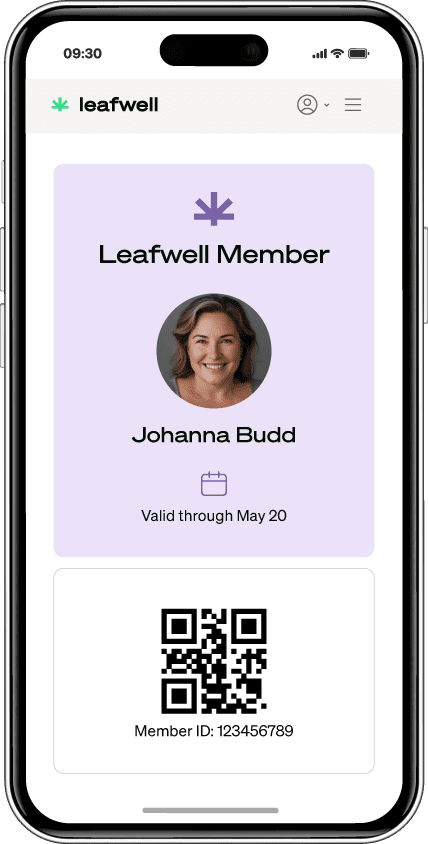 Smartphone screen mockup of the Leafwell user platform showing a Leafwell Member virtual ID card with a profile picture, name, and QR code/membership ID