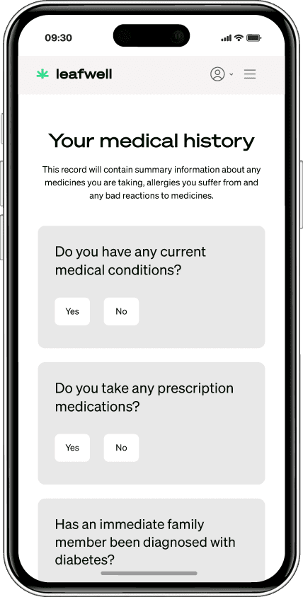 Leafwell app showing a medical history questionnaire