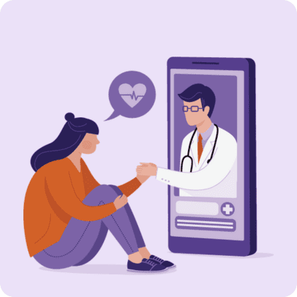 Illustration of women sitting with her knees tucked up under her arms, extending one hand out to hold onto the hand of a male physician who appears in a smartphone screen; representing care via telemedicine