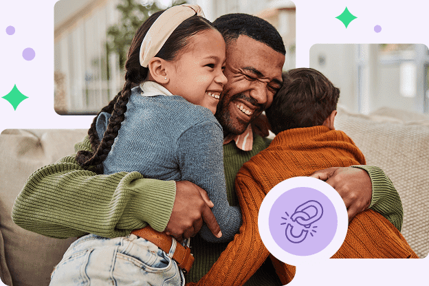 Photo-illustration of a young father smiling while hugging his two children, with a purple icon next to them showing a breaking chain, symbolizing being free from past constraints and traumas