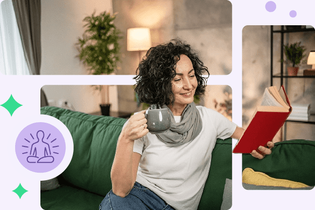Photo-illustration of a woman smiling while reading a book and holding a mug, with a purple icon next to her showing a person sitting in a yoga pose, symbolizing being calm and centered