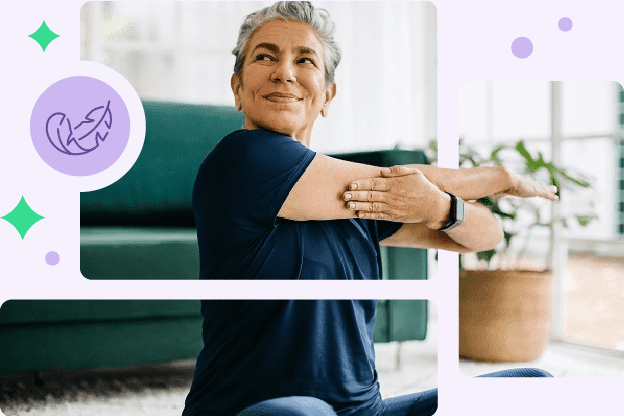Photo-illustration of a woman stretching her arm across her chest smiling, with a purple feather icon next to her, symbolizing being pain free and light