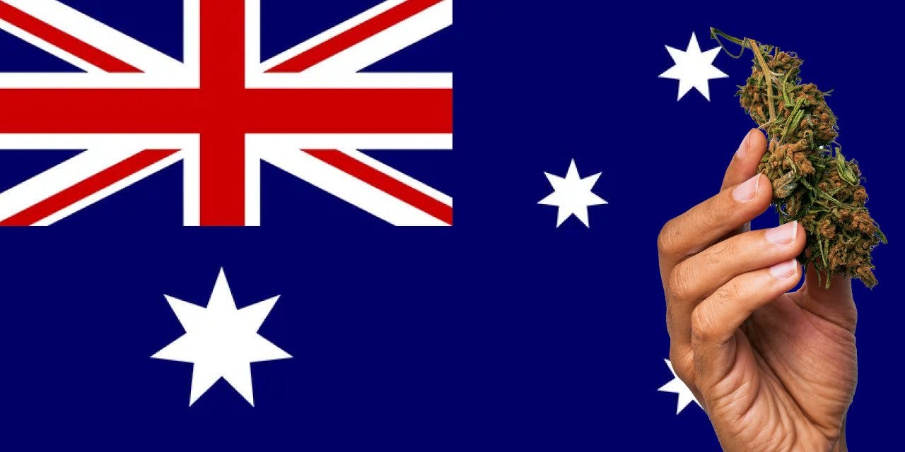 Australia flag with a hand holding a marijuana infront of it