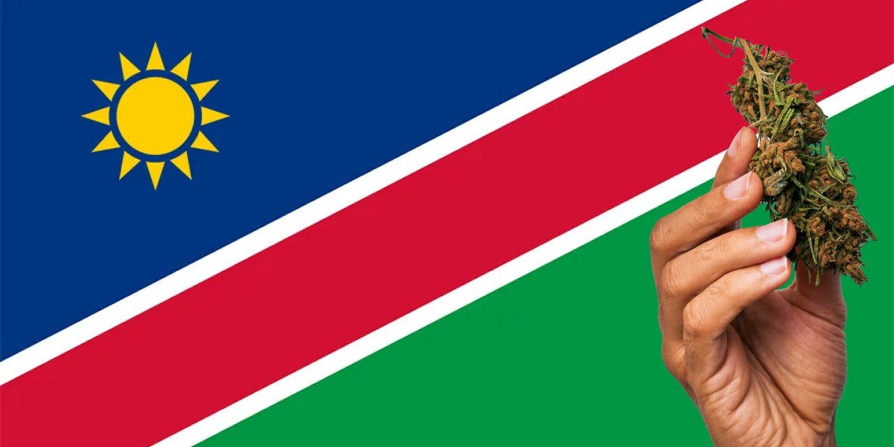 Namibia flag with marijuana in front of it