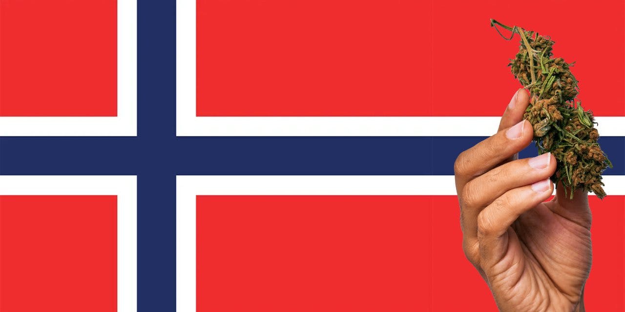 Norway flag with a hand holding a marijuana infront of it