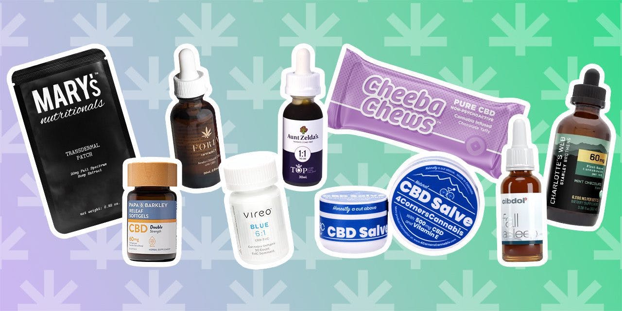 selected CBD products from From topical pain relievers to tasty edibles in gradient background