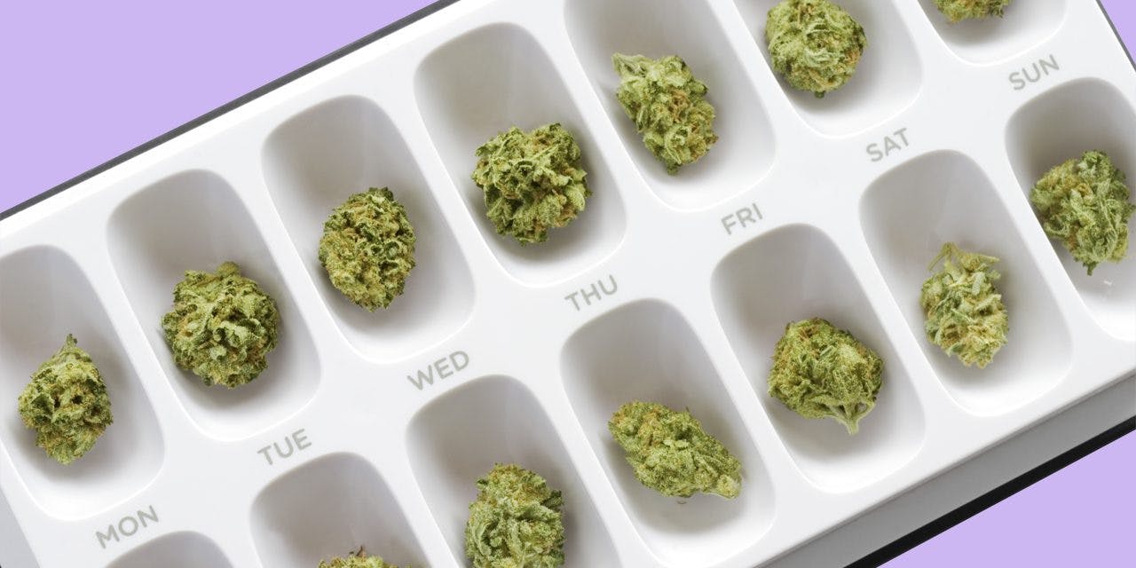 Dose set box of medical marijuana in purple bg