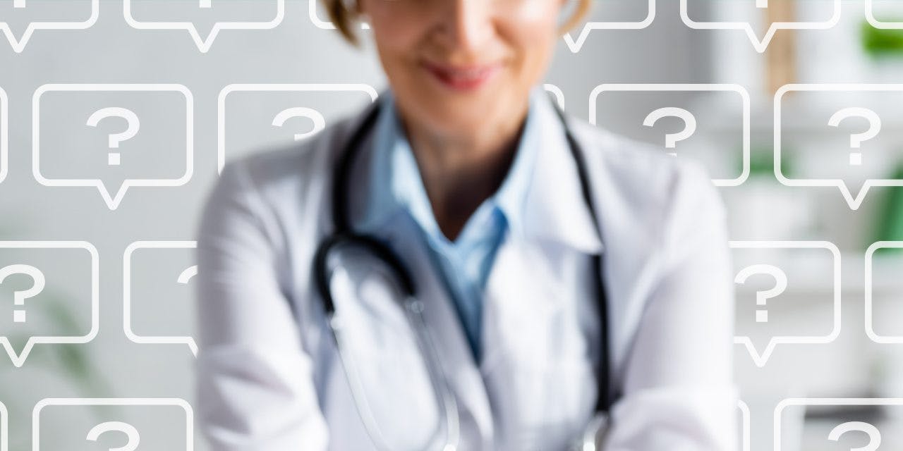blurry image of a doctor with stethoscope on her neck on a question mark icons background