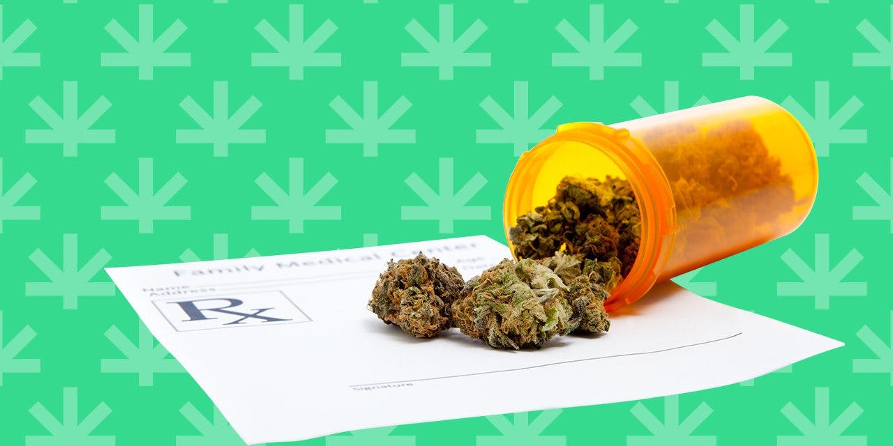 a tumbled down pill container revealing cannabis buds over a prescription pad