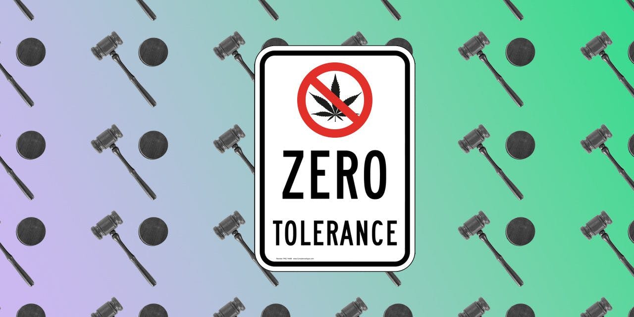 sign showing zero tolerance of cannabis with judge's gavel as background