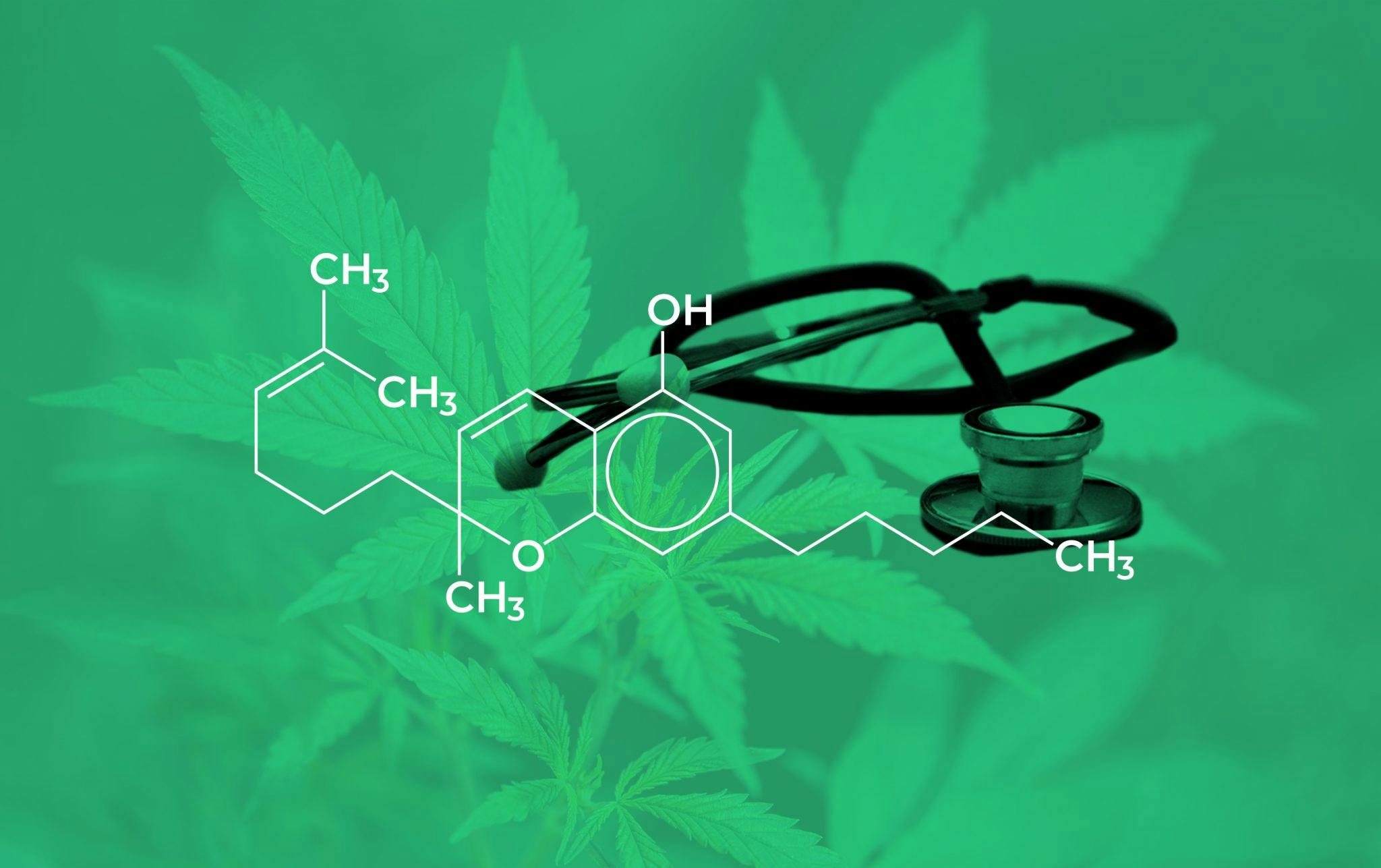 cannabichromene cannabinoid chemical compound structure next to stethoscope in cannabis green backgound