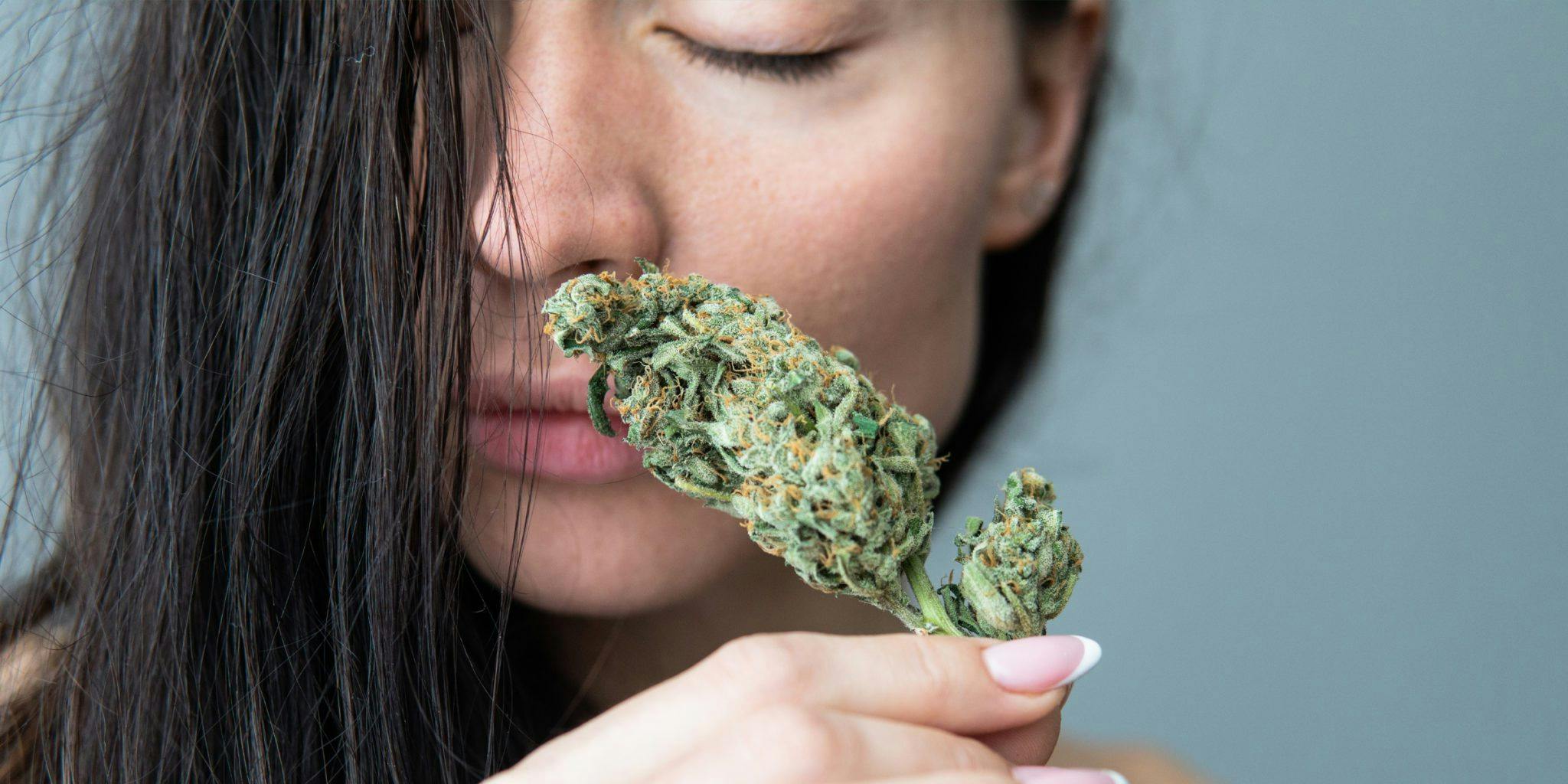 closeup woman smelling cannabis