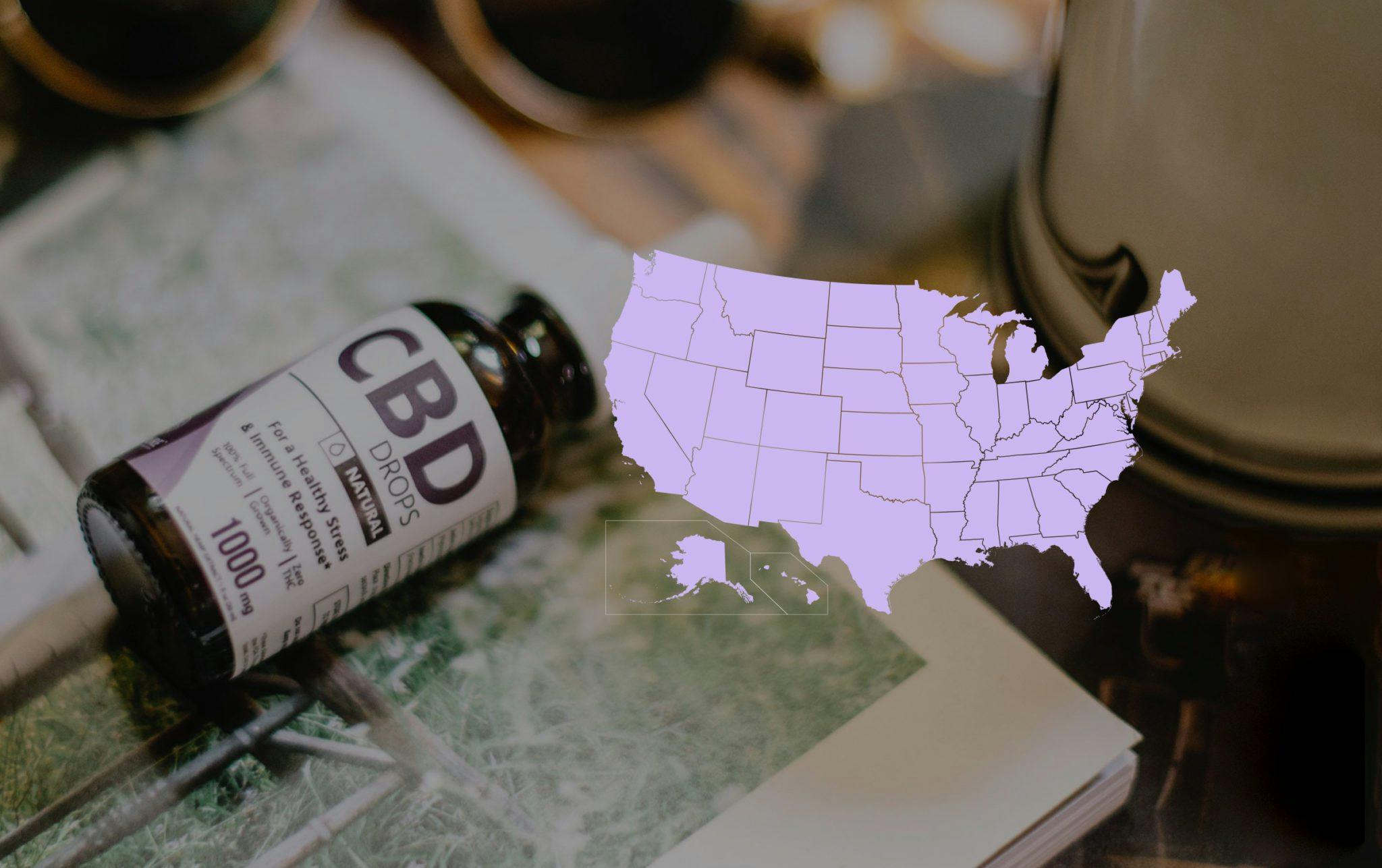 purple map of US with CBD bottle in background