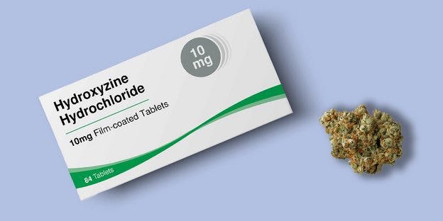 Hydroxyzine tablet box and cannabis bud