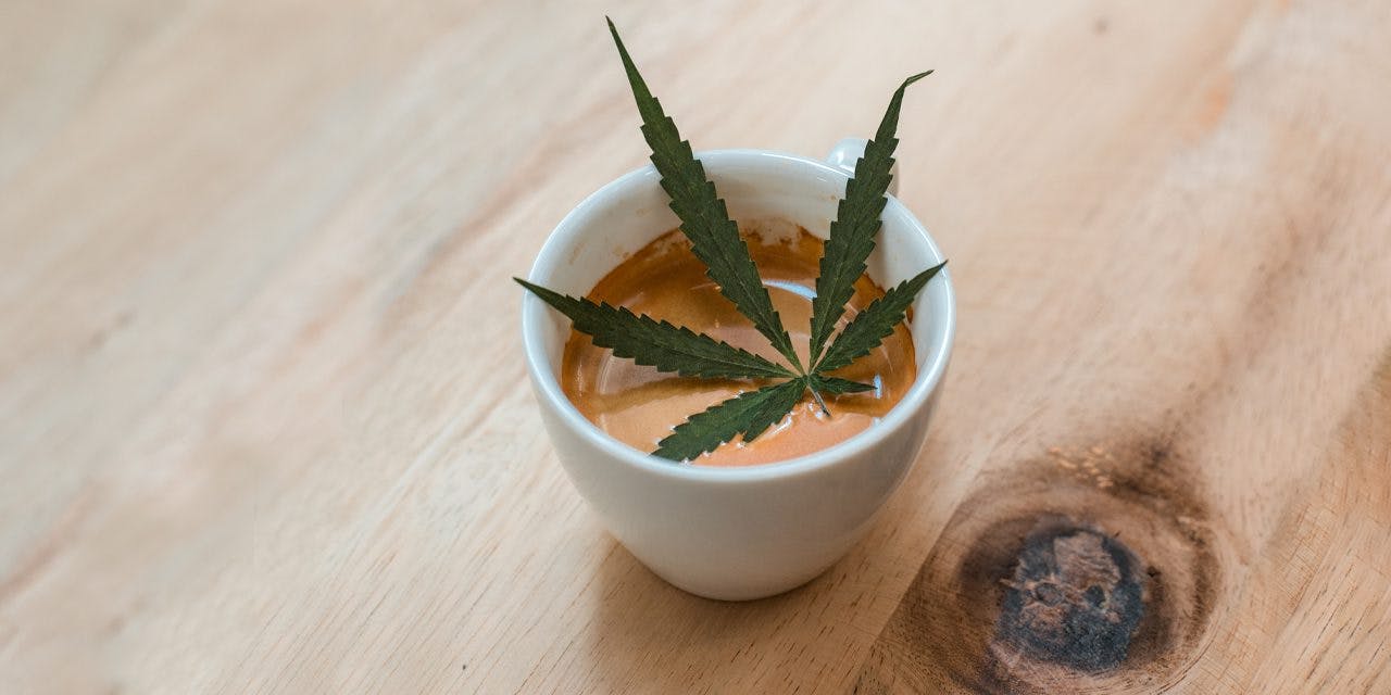 a cup of coffee with a marijuana leaf on top