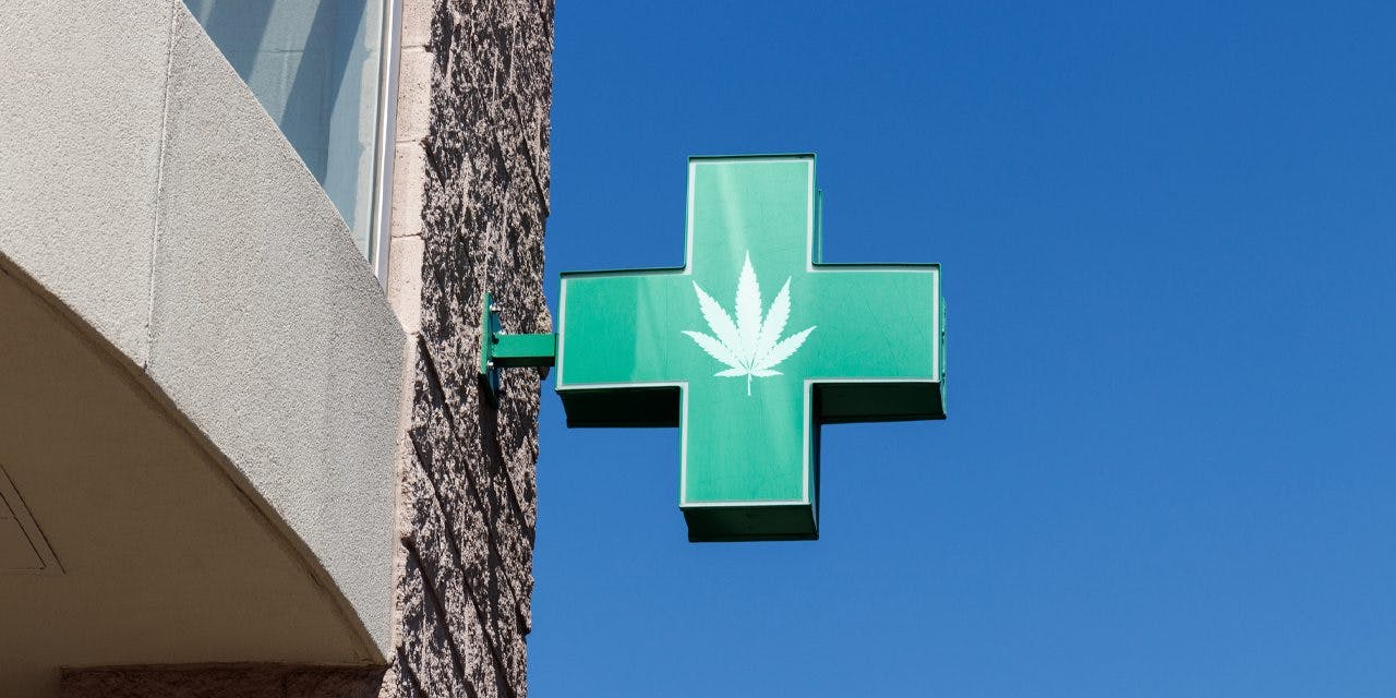 señalización verde en forma de cruz con la imagen de una hoja de marihuana en el centro