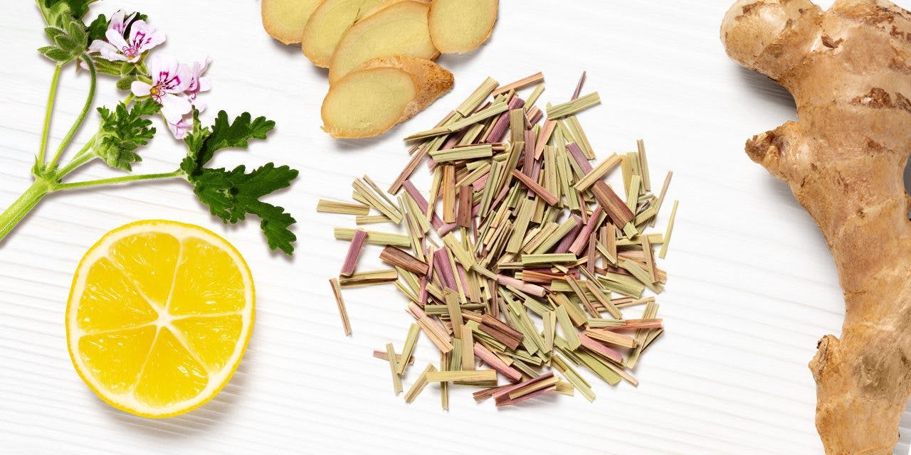 in the picture shown a sliced lemon, citronella flower, sliced ginger, lemon grass and whole ginger