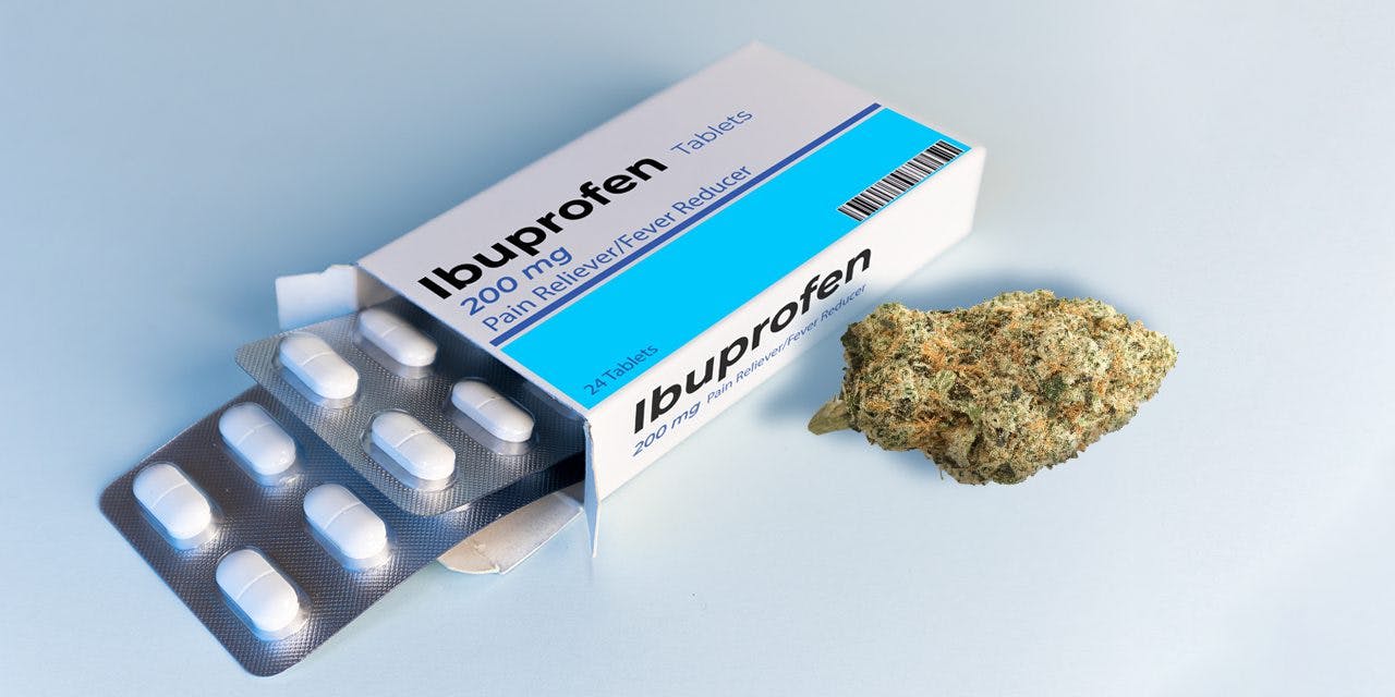 a box of ibuprofen and weed chunk