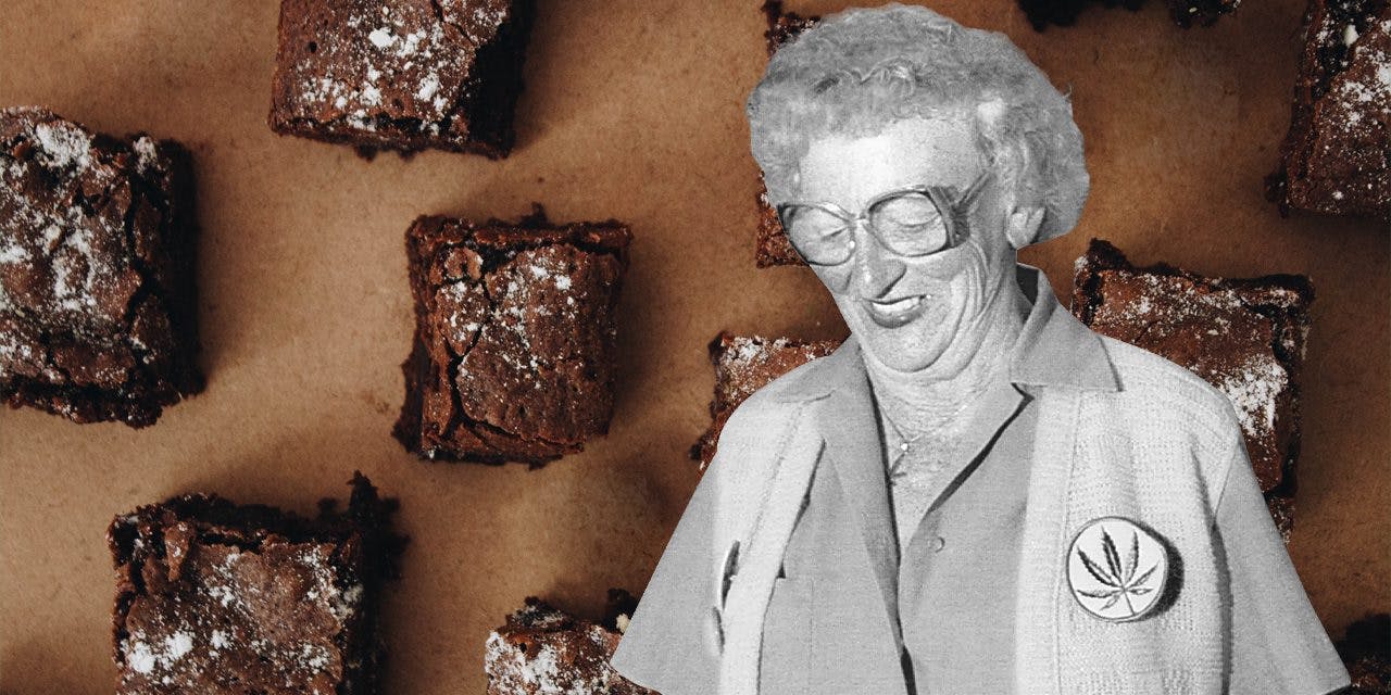 black and white image of Mary Jane Rathbun with a brownies background