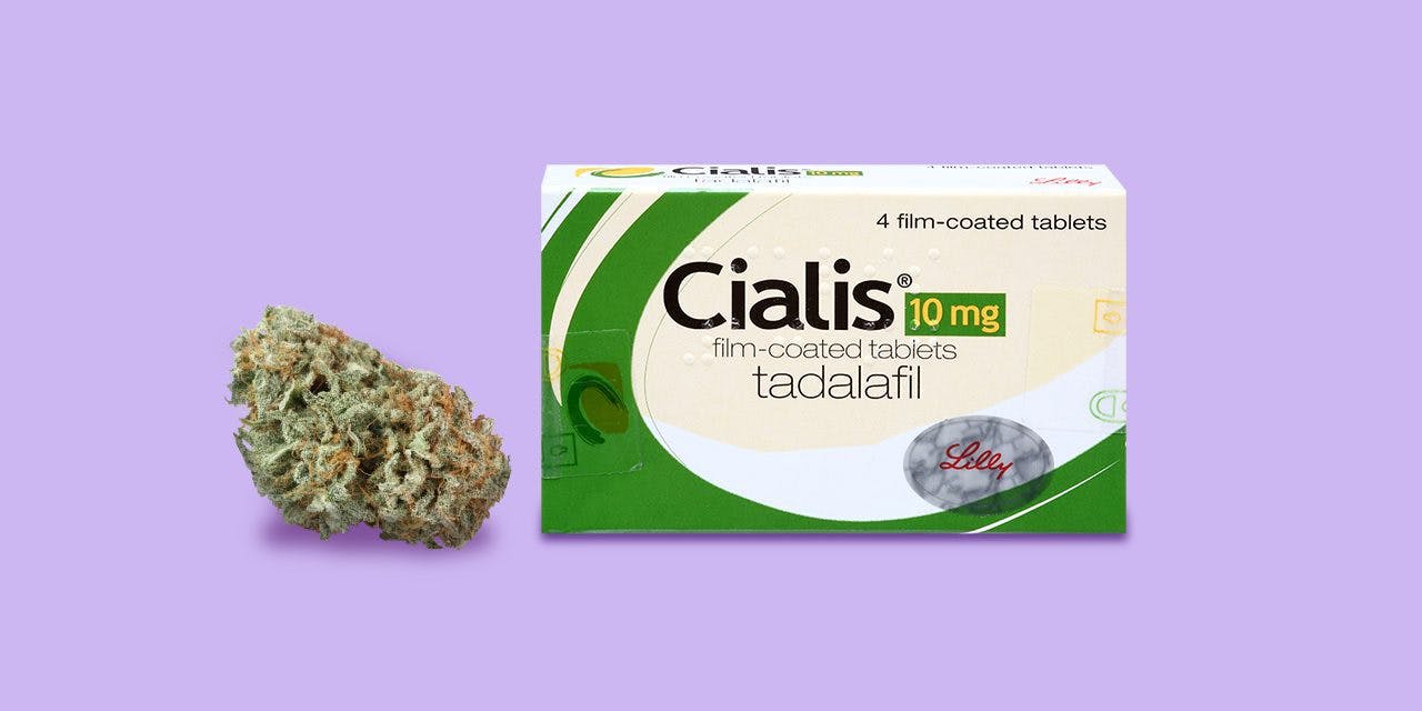 weed chunk beside a box of cialis