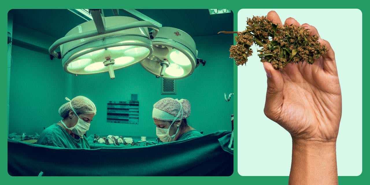 left side of photo: doctors doing a surgery inside operating room right side: closeup of hand holding a weed