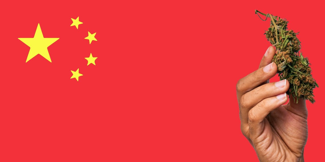 China flag with marijuana in front of it