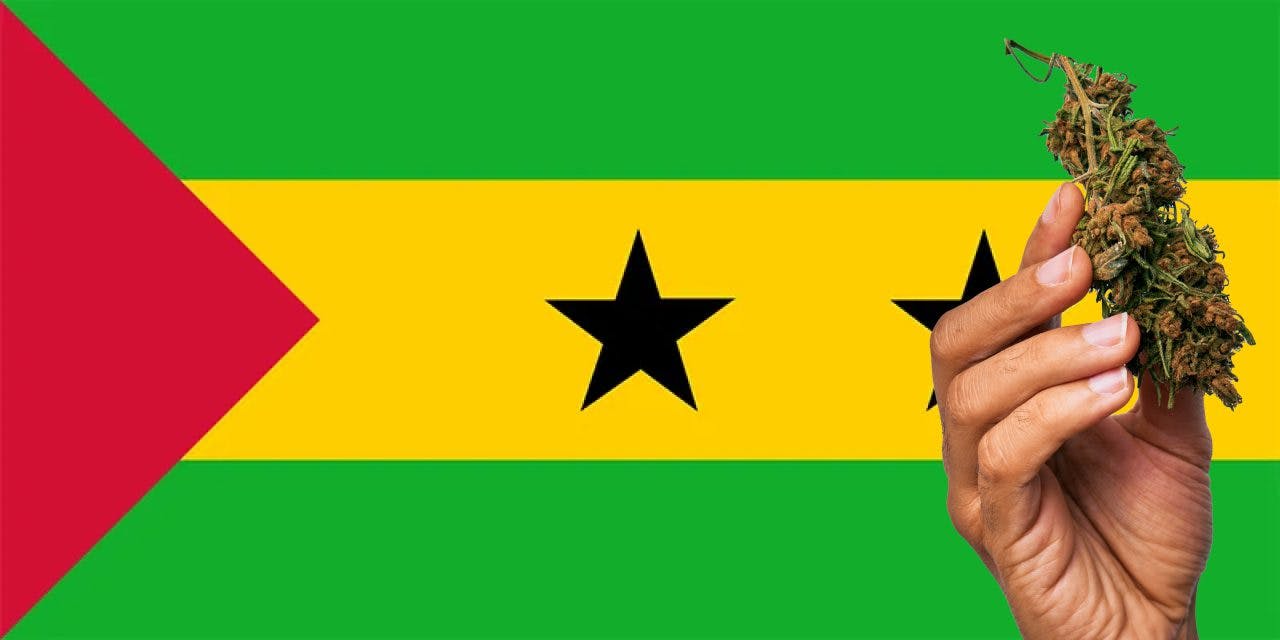 Sao Tome & Principe flag with marijuana in front.