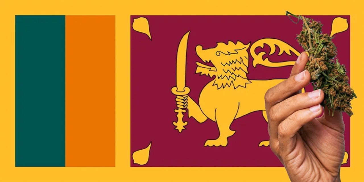 Sri Lanka flag with marijuana in front of it.