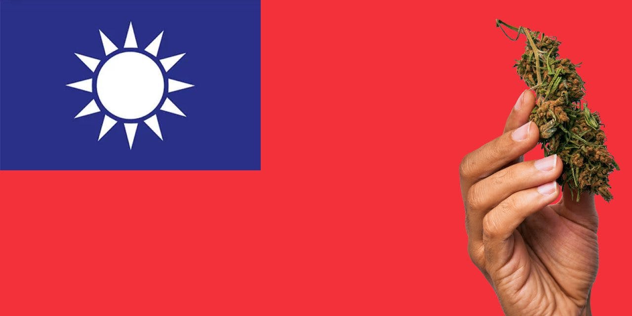 Taiwan flag with marijuana in front of it