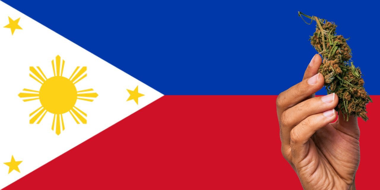 Philippines flag with marijuana in front of it