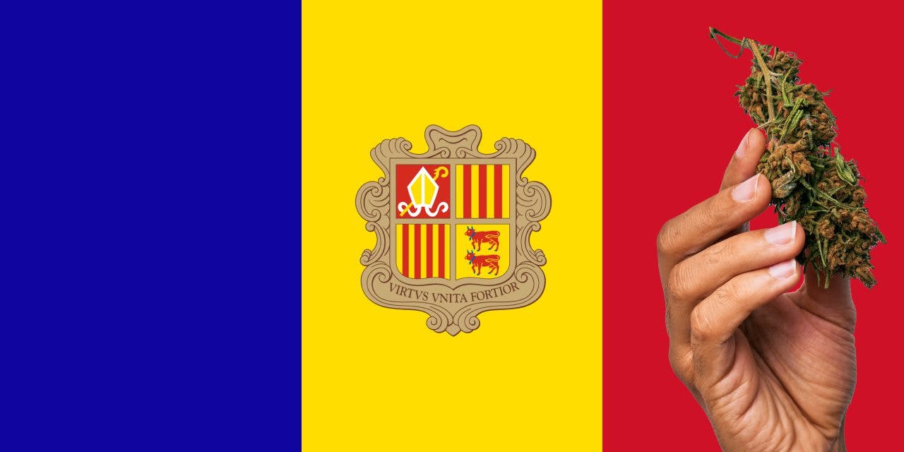 Andorra flag with a hand holding a marijuana infront of it