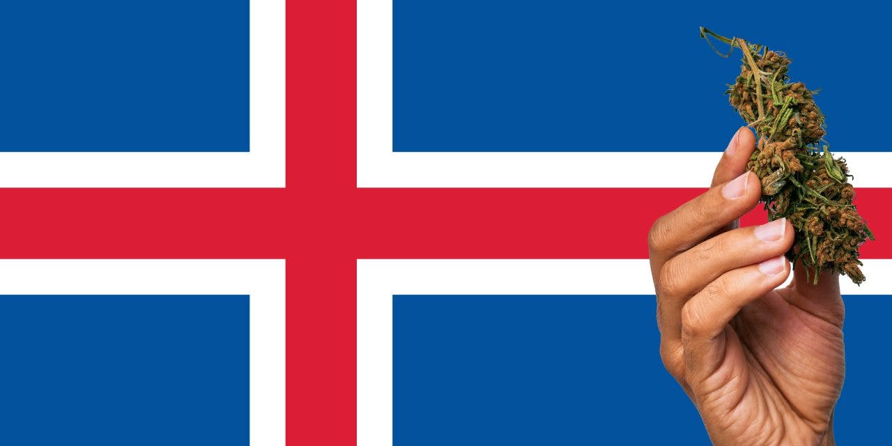 Iceland flag with a hand holding a marijuana infront of it