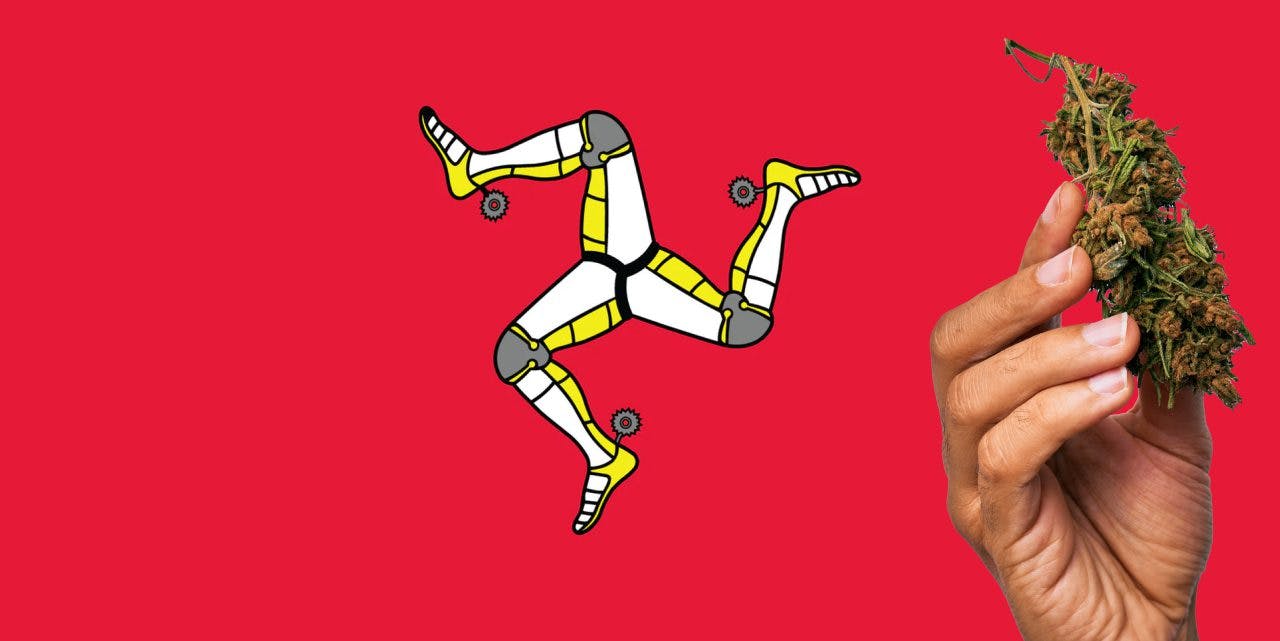 Isle of Man flag with a hand holding marijuana nug next to it.