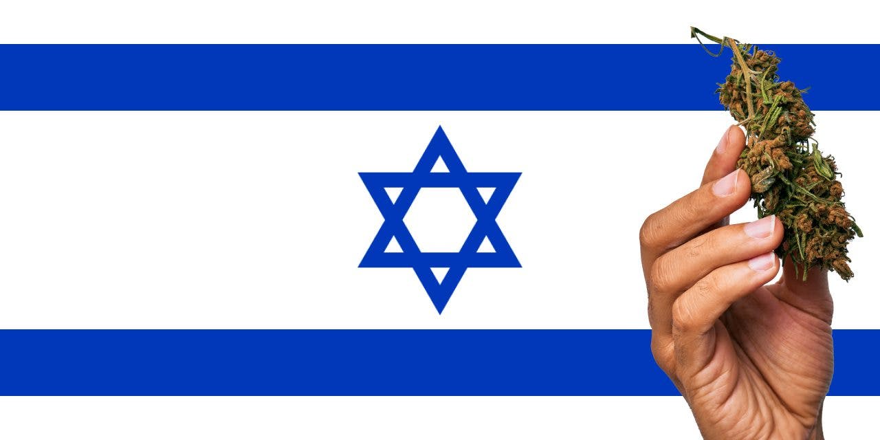 Israel flag with a hand holding a marijuana infront of it