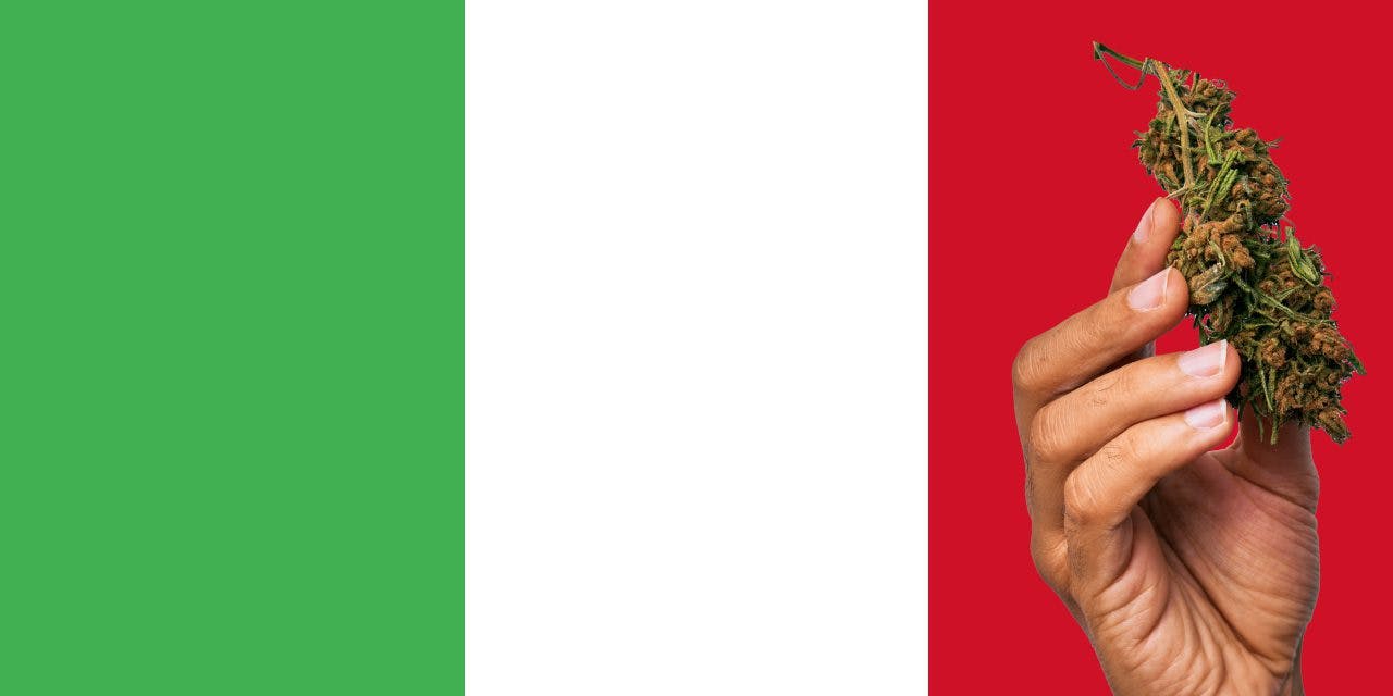 Italy flag with a hand holding a marijuana infront of it