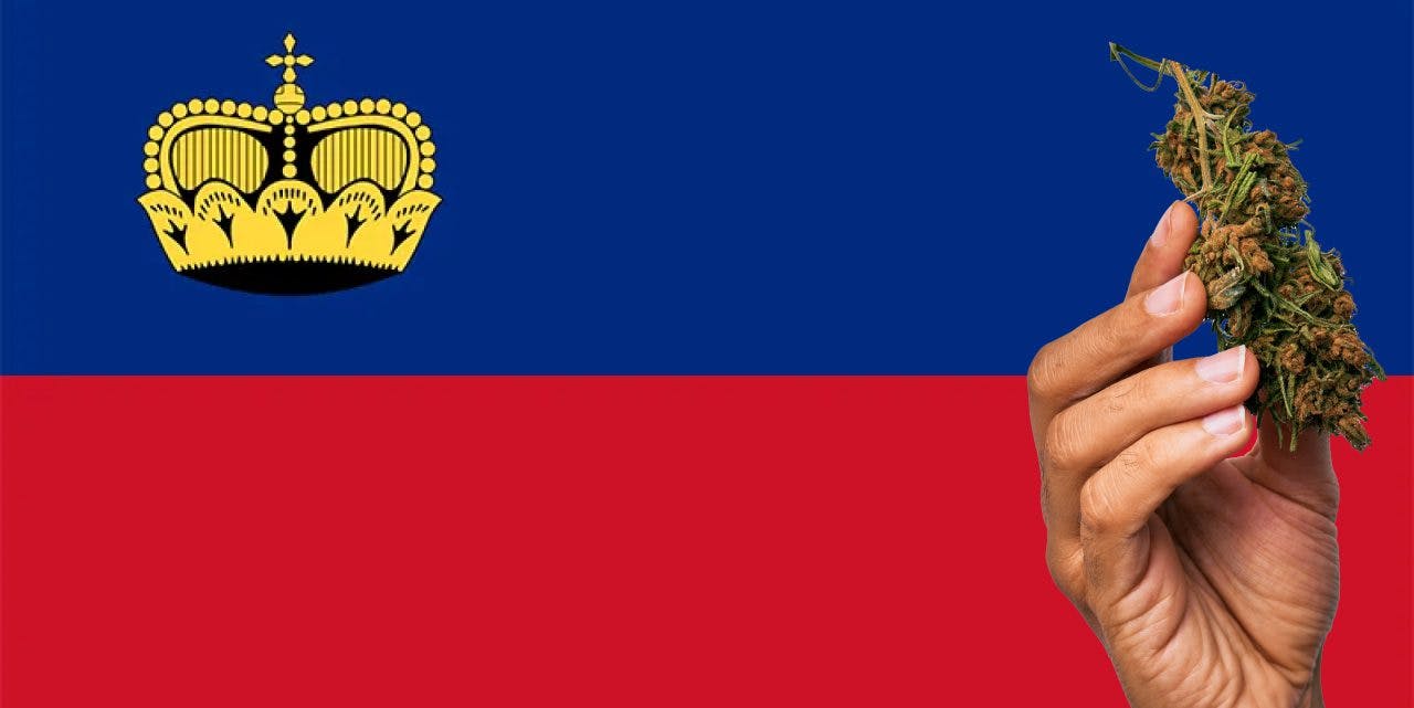 Liechtenstein flag with marijuana in front of it.