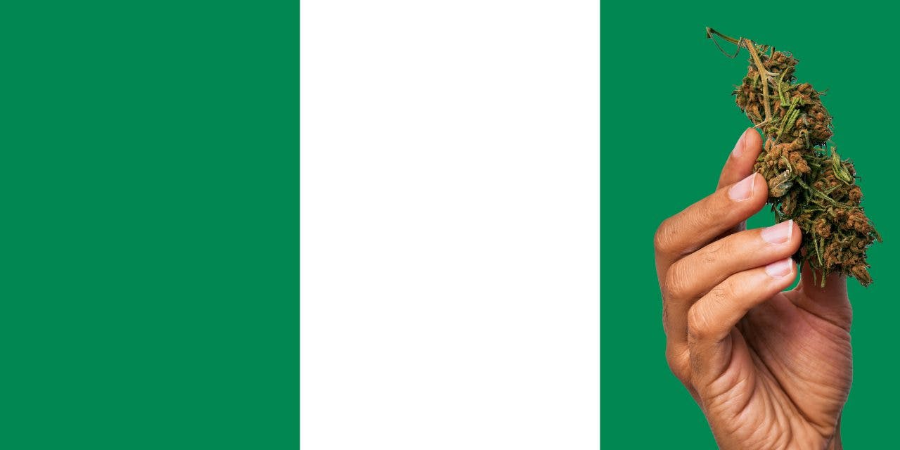 Nigeria flag with a hand holding a marijuana infront of it