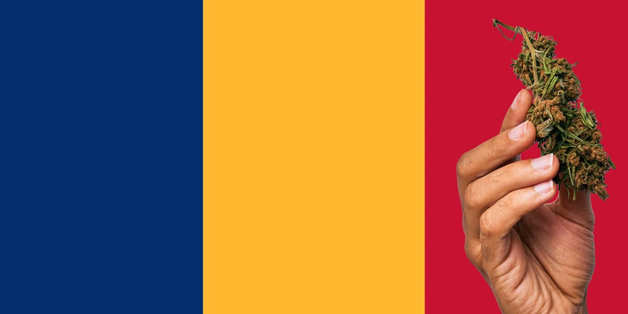 Romania flag with a hand holding a marijuana infront of it