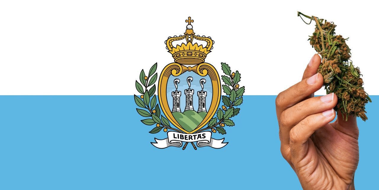 San Marino flag with cannabis in front of it