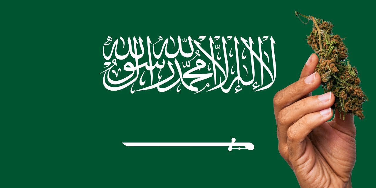Saudi Arabian flag with cannabis in front.