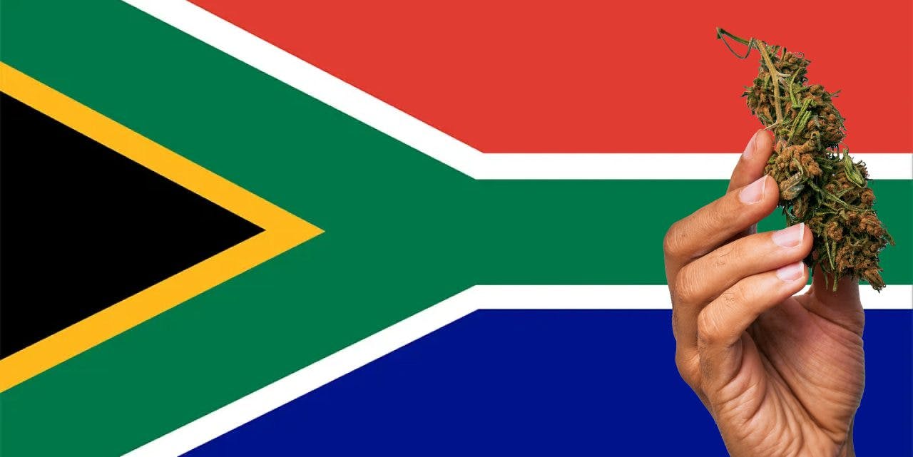 South Africa flag with a hand holding a marijuana infront of it