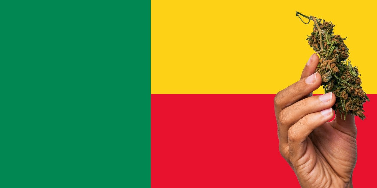 The Republic of Benin flag with a hand holding a marijuana infront of it