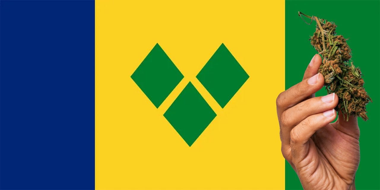 Saint Vincent and The Grenadines flag with a hand holding a marijuana infront of it