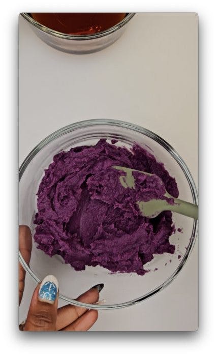 Mash or blend the softened purple sweet potatoes into a smooth puree.