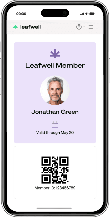 Smartphone screen mockup of the Leafwell user platform showing a Leafwell Member virtual ID card with a profile picture, name, and QR code/membership ID