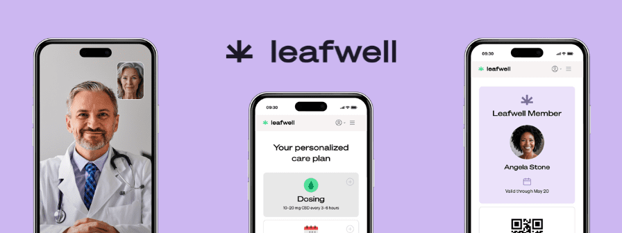 Graphic of three phone screens on a purple background; images show a telehealth appointment, an in-app screen of a personalized cannabis care plan, and an example of a Leafwell Member ID page with a name, photo, and QR code