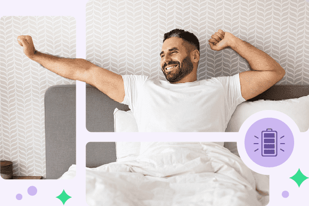A man in bed stretching his arms up, with a fully charged battery icon — symbolizing restful, restorative sleep.
