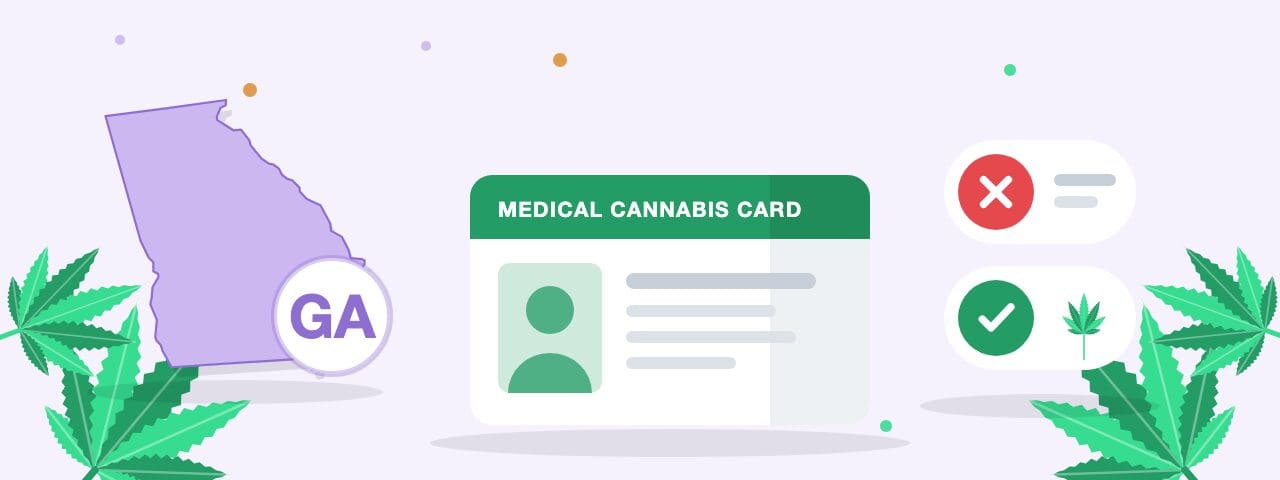 Illustration of the Georgia state outline next to a medical cannabis card, showing that cannabis is not legal for recreational use but legal with a medical card in Georgia